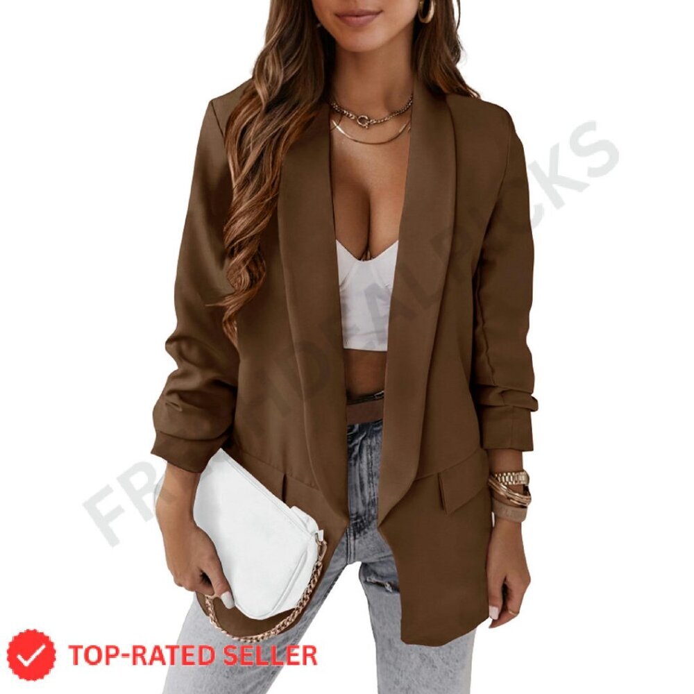 Long Sleeve Open Front Blazer Elegant Work Office Casual Chic Minimal